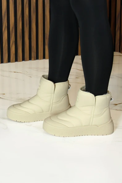 Erkan saçmacı  Bej Vegan Kürk Astarlı Yuvarlak Burun Günlük Bot - Resim 4