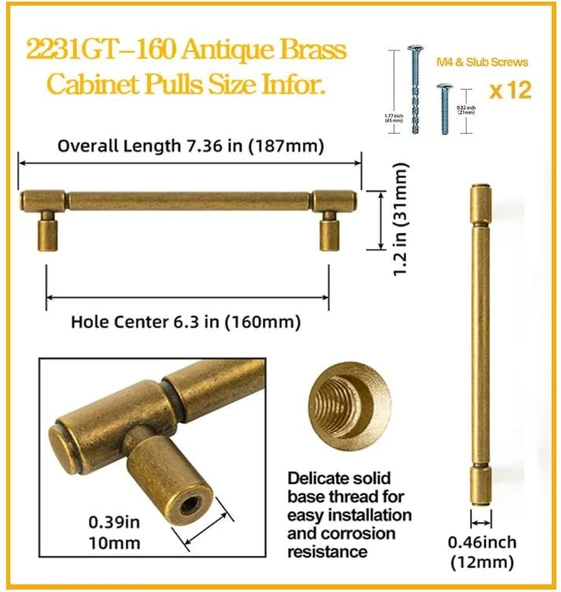 Goo-Ki 2231GT-160 Retro Antik Pirinç Dolap Kulp Seti (6 Adet 160 mm) - Resim 7
