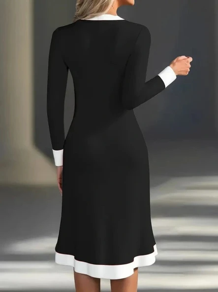 MDB Kadın Uzun Kollu V Yakalı Düğmeli Midi Modal Elbise - Resim 3