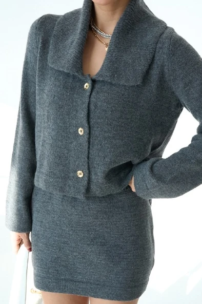 Yakalı ve Kemer Görünümlü Mini Triko Takım (Tek Parça Elbise) - Resim 3