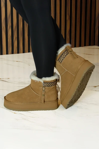 Erkan saçmacı  Camel Süet Fermuarlı Kürk Astarlı Yuvarlak Burun Günlük Bot - Resim 4