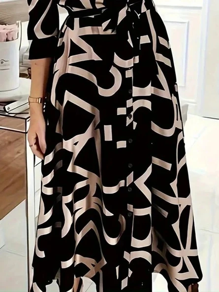 MDB Kadın Uzun Kollu Yakalı önden Düğmeli Uzun Süprem Elbise - Resim 3