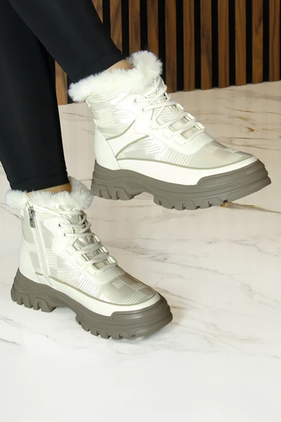 Erkan saçmacı  Bej Vegan Bağcıklı Fermuarlı Kürk Astarlı Yuvarlak Burun Günlük Bot ürün görseli