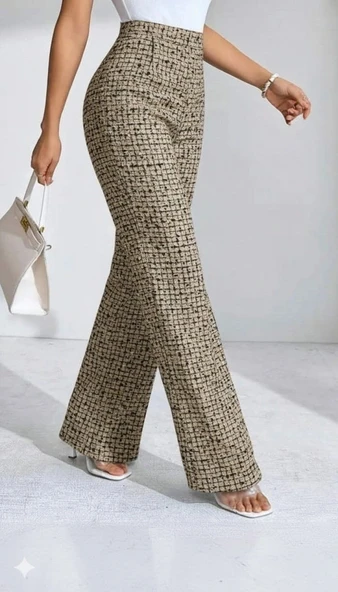 MDB Kadın Yüksek Bel Paçaya Doğru Geniş Dokuma Pantolon - Resim 3