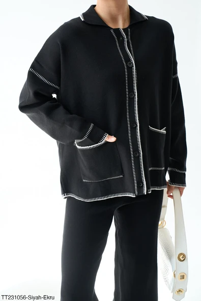 Yakalı ve Cepli Triko Takım (Ceket ve Geniş Paça Pantolon) ürün görseli 1