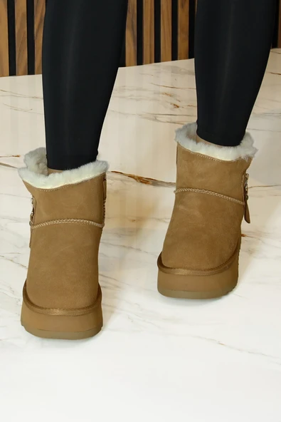 Erkan saçmacı  Camel Süet Fermuarlı Kürk Astarlı Yuvarlak Burun Günlük Bot - Resim 2