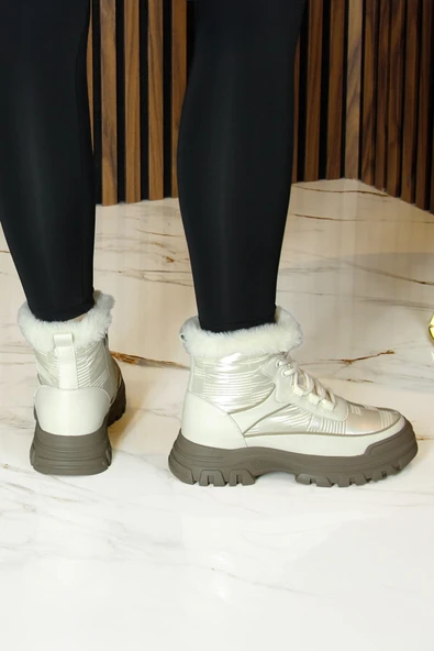 Erkan saçmacı  Bej Vegan Bağcıklı Fermuarlı Kürk Astarlı Yuvarlak Burun Günlük Bot - Resim 5