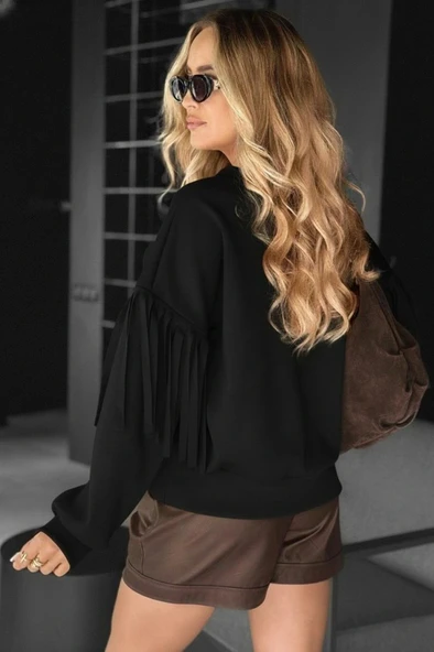 MDB Kadın Uzun Kollu Bisiklet Yaka Kolları Püsküllü Modal Bluz - Resim 3