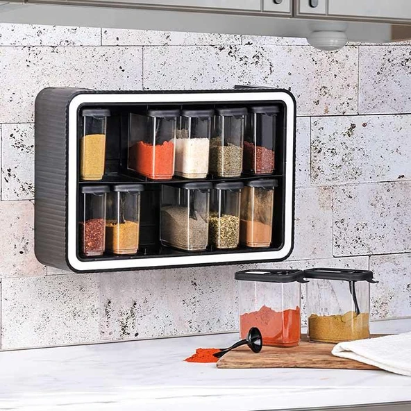 Stil 12’li Baharatlık Set – Duvara Monte Edilebilir | Kendinden Kaşıklı Baharat Organizer - Resim 2