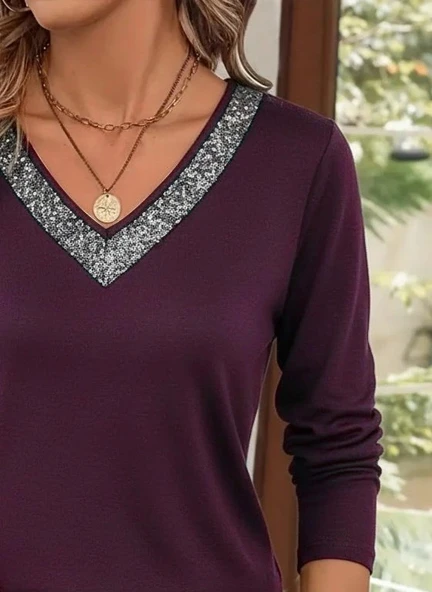 MDB Kadın Uzun Kollu V Payet Yakalı Viskon Mürdüm Bluz - Resim 2