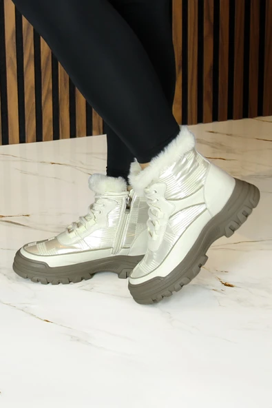 Erkan saçmacı  Bej Vegan Bağcıklı Fermuarlı Kürk Astarlı Yuvarlak Burun Günlük Bot - Resim 6