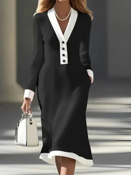 MDB Kadın Uzun Kollu V Yakalı Düğmeli Midi Modal Elbise ürün görseli 1