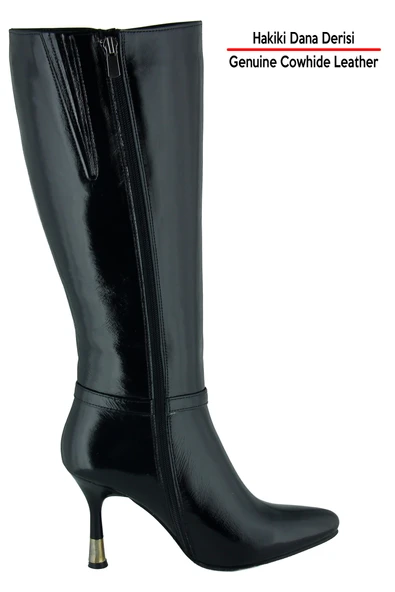 Erkan saçmacı  Siyah Rugan Hakiki Dana Derisi Tokalı Fermuarlı Sivri Burun İnce Topuklu Çizme - Resim 2