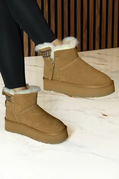 Erkan saçmacı  Camel Süet Fermuarlı Kürk Astarlı Yuvarlak Burun Günlük Bot ürün görseli