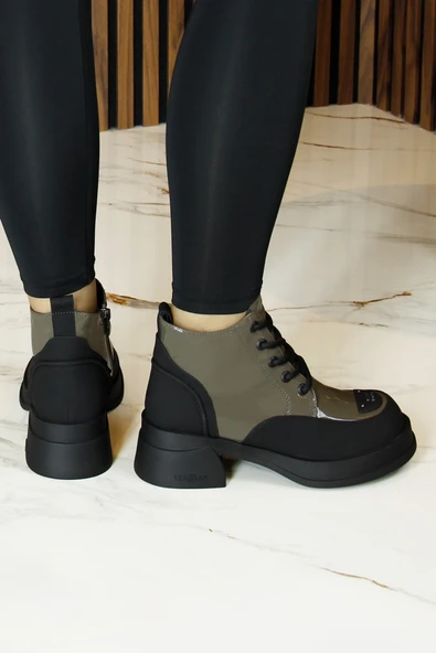 Erkan saçmacı Haki Rugan Bağcıklı Fermuarlı Kürk Astarlı Yuvarlak Burun Kalın Topuklu Günlük Bot - Resim 5