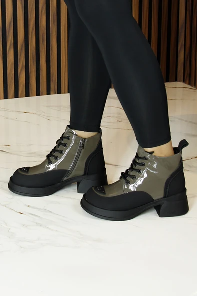 Erkan saçmacı Haki Rugan Bağcıklı Fermuarlı Kürk Astarlı Yuvarlak Burun Kalın Topuklu Günlük Bot - Resim 4