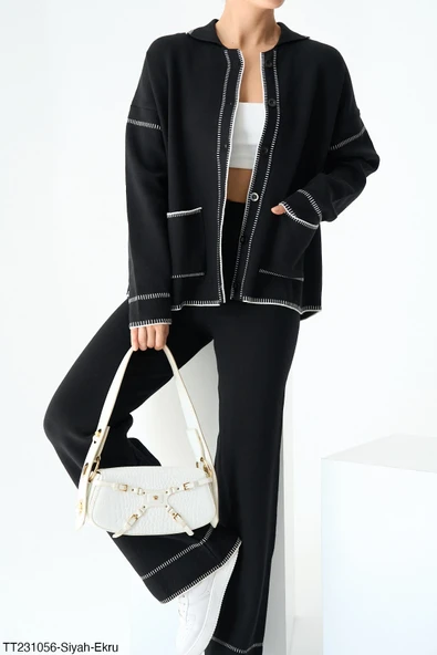 Yakalı ve Cepli Triko Takım (Ceket ve Geniş Paça Pantolon) - Resim 3