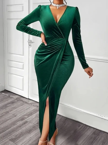 MDB Kadın Uzun Kollu Kruvaze Yaka önünden çapraz Detaylı Uzun Kadife Elbise - Resim 3