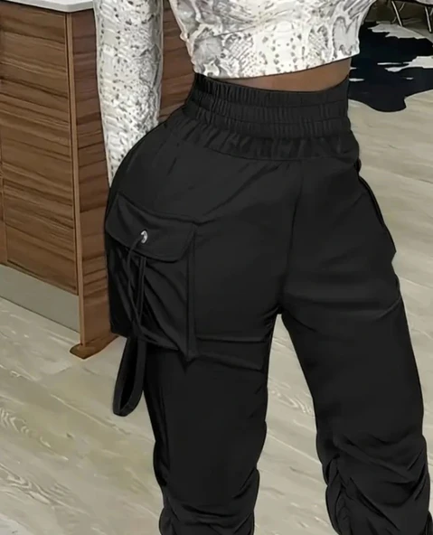 MDB Kadın Yüksek Bel Beli Lastikli Kargo Cep Detaylı Gabardin Pantolon - Resim 2