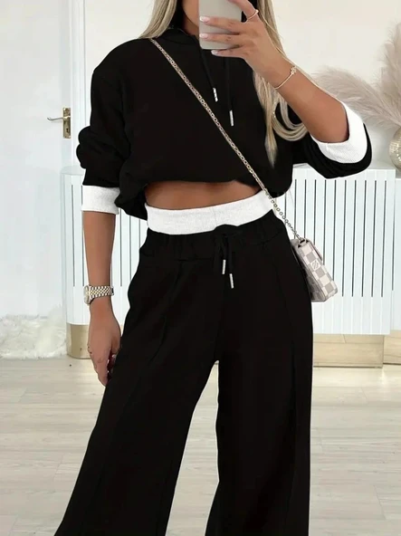 Kadın Uzun Kollu Kapşonlu Viskon Iki Iplik Bluz Ve Pantolon Ikili Takım ürün görseli 1