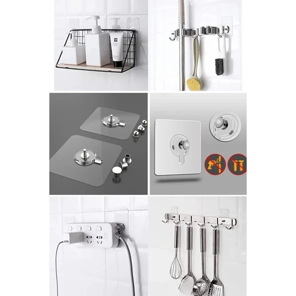 Mucit Home 4 Adet Kendinden Yapışkanlı Duvar Kancaları Şeffaf Raf Duvar Askıları Mutfak Banyo Vida Kanca Çivi - Resim 4