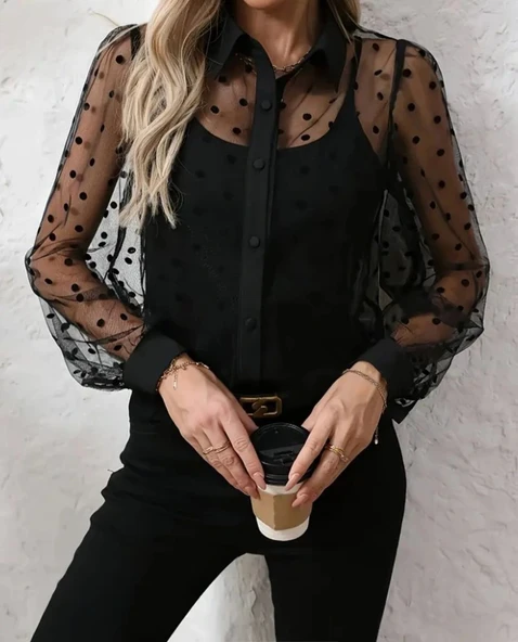 MDB Kadın Uzun Kollu Yakalı şeffaf Tül Detaylı Ve Viskon Atlet Ikili Takım - Resim 2