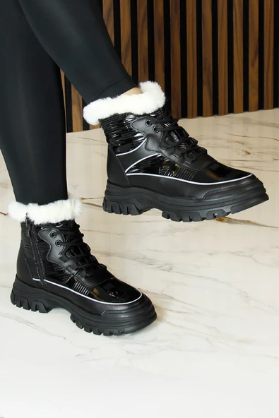 Erkan saçmacı Siyah Vegan Bağcıklı Fermuarlı Kürk Astarlı Yuvarlak Burun Günlük Bot ürün görseli