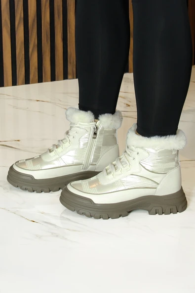 Erkan saçmacı  Bej Vegan Bağcıklı Fermuarlı Kürk Astarlı Yuvarlak Burun Günlük Bot - Resim 3