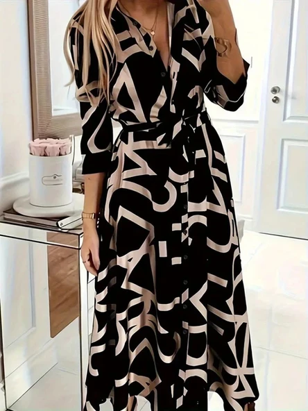 MDB Kadın Uzun Kollu Yakalı önden Düğmeli Uzun Süprem Elbise ürün görseli 1