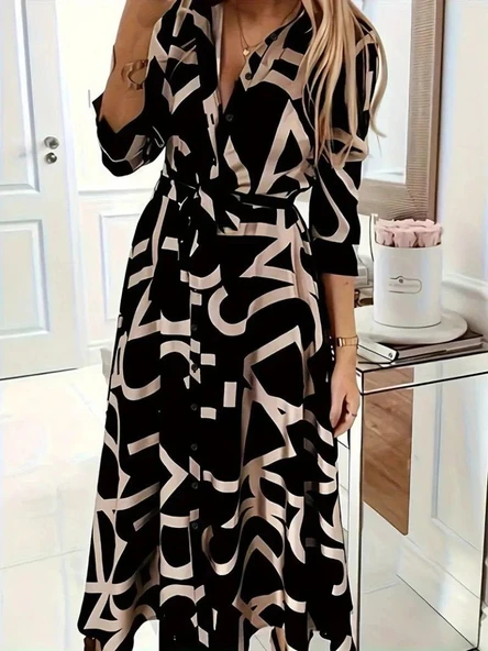 MDB Kadın Uzun Kollu Yakalı önden Düğmeli Uzun Süprem Elbise - Resim 4