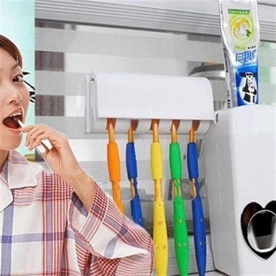 OLLEVRA Otomatik Diş Macunu Sıkacağı ve 5 Adet Diş Fırası Tutacağı Diş Fırçalığı - Resim 6