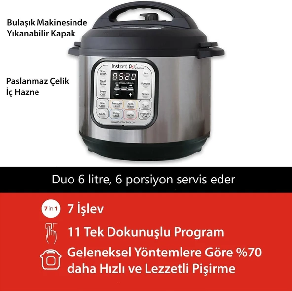 Instant Pot Akıllı Pişirici, 3 L, Elektrikli Düdüklü, Yavaş Pişirme, Pilav , Kızartma , Yoğurt Hazırlayıcı, Buharlı Pişirme, Paslanmaz Çelik ürün görseli 1