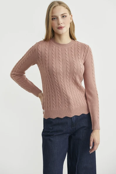 Dilimli Saç Örgülü Triko Kazak - Gül - Resim 2