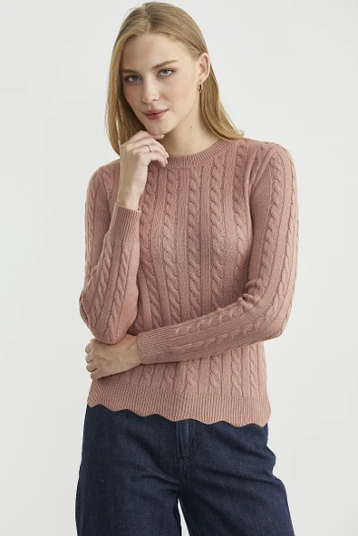 Dilimli Saç Örgülü Triko Kazak - Gül - Resim 3