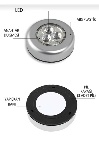 Mucit Home 2 adet Kablosuz Spot Pilli Dokunmatik Led Lamba 3 Ledli Dolap Lambası - Resim 3
