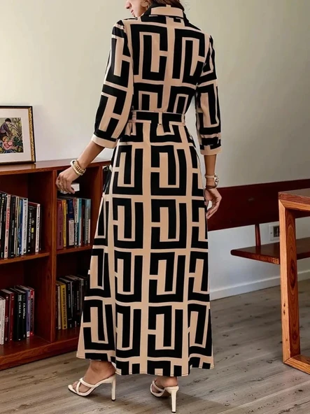 MDB Kadın Uzun Kollu Yakalı önden Düğmeli Uzun Süprem Elbise - Resim 3