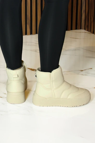 Erkan saçmacı  Bej Vegan Kürk Astarlı Yuvarlak Burun Günlük Bot - Resim 5