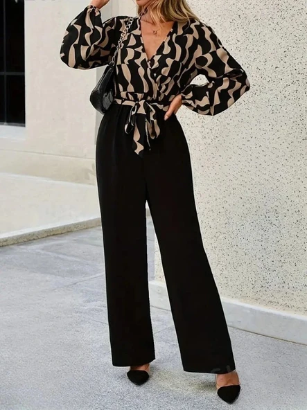 Kadın Uzun Kollu Kruvaze Yakalı Belden Kuşaklı üst Dalgıç Alt Ithal Krep Tulum - Resim 6