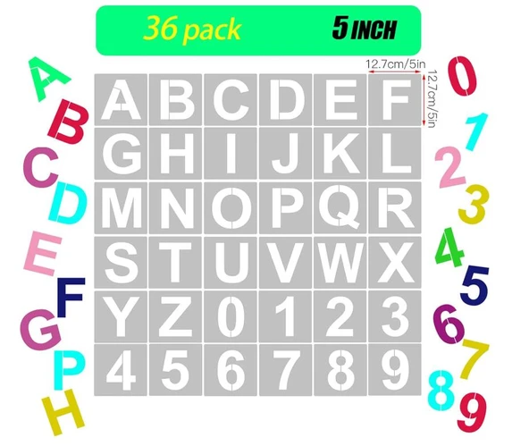 Tekrar Kullanılabilir Harf ve Sayı Boyama Şablonu 12,7cm 36 Adet - Resim 8