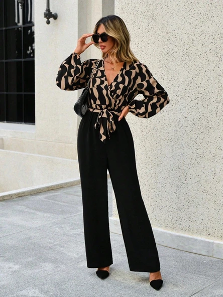 Kadın Uzun Kollu Kruvaze Yakalı Belden Kuşaklı üst Dalgıç Alt Ithal Krep Tulum - Resim 4