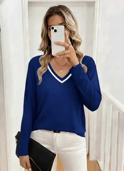 MDB Kadın Uzun Kollu V Yakalı Viskon Iki Iplik Bluz ürün görseli 1