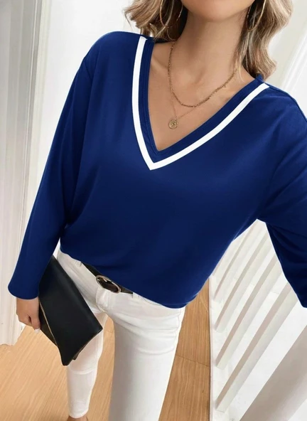 MDB Kadın Uzun Kollu V Yakalı Viskon Iki Iplik Bluz - Resim 3