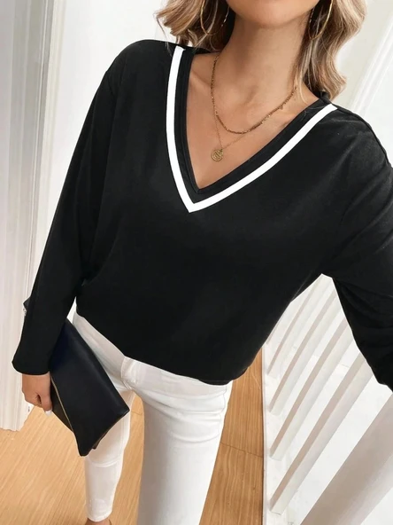 MDB Kadın Uzun Kollu V Yakalı Viskon Iki Iplik Bluz - Resim 2