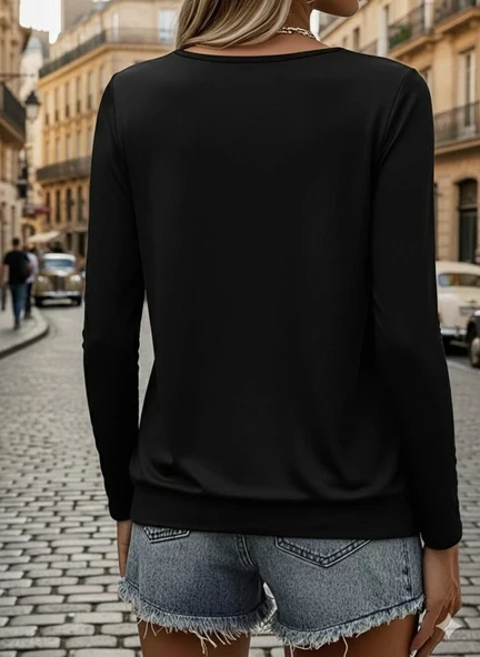 MDB Kadın Uzun Kollu Yuvarlak Yakalı Viskon Bluz - Resim 3