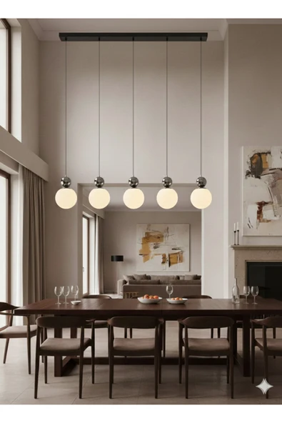 Ada Mutfak Masa Üstü 120 cm Modern 6’lı Mat Opal Beyaz Cam Sarkıt E27 Krom Detaylı ürün görseli 1