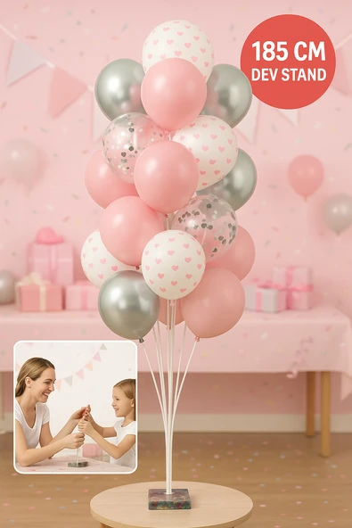 185 CM Pembe Gri Balon Standı Seti – Doğum Günü Parti Süsleri | Kalpli Konfeti Balon Dekoru ürün görseli 1