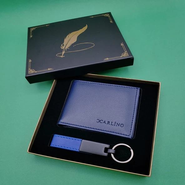Mavi Deri Cüzdan ve Anahtarlık Seti (Kutulu) ürün görseli 1