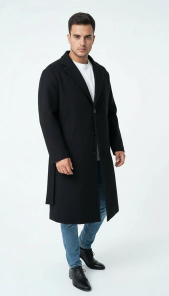 Erkek Kaşe Uzun Palto – Kışlık, Kuşaklı, Şık Modern Tasarım - Resim 9