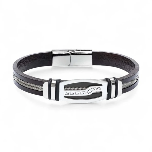 Deri Kordonlu Çelik Halat Erkek Bileklik 31834B17D6 - Resim 5