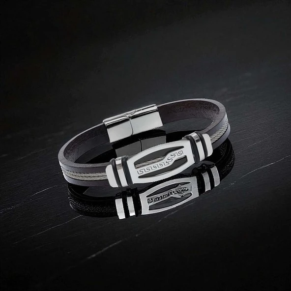 Deri Kordonlu Çelik Halat Erkek Bileklik 31834B17D6 - Resim 3